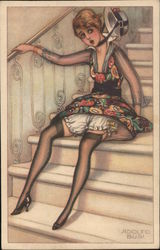 Embarrassed woman on stairs, visible bloomers, hat flying off Artist Signed Adolfo Busi Postcard Postcard Postcard