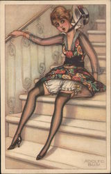 Embarrassed woman on stairs, visible bloomers, hat flying off Postcard