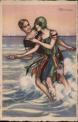 Man and Woman Holding a Rope in Large Body of Water Postcard
