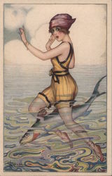 Woman Bathing with Fish in Sea Postcard
