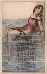 Woman Sitting on a Jellyfish in the Water Artist Signed Adolfo Busi Postcard Postcard Postcard