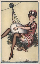 Woman in Swinging Nest Holding Egg Postcard
