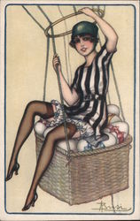 Woman in striped dress sitting in hot air balloon basket Postcard