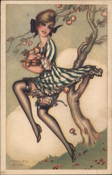 Beautiful woman, gathering apples from apple tree, dress snagged on branch Postcard