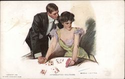 Interrupted Solitaire - man trying to cajole woman playing solitaire Postcard