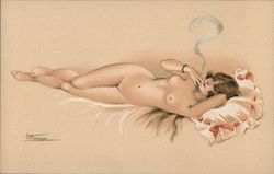 En Costume d'Eve - Nude woman lounging on bed, smoking cigarette Postcard
