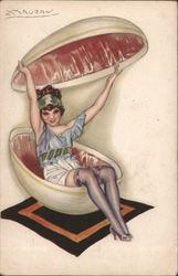 Surprise! Flirty fancily dressed lady comes out of egg halves Postcard