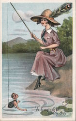 Woman Fishing for Man in Stream: A Fresh Fish Every Day Postcard