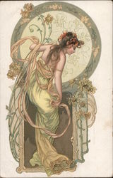Art Nouveau Woman at Mirror Postcard