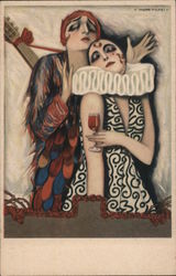 Deco Fancily dressed couple with glass of wine Artist Signed Giovanni Nanni Postcard Postcard Postcard
