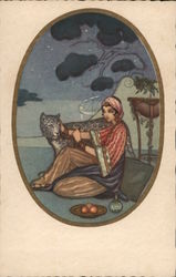 Beautiful lady with pet leopard, in beautiful outdoor night scene Postcard