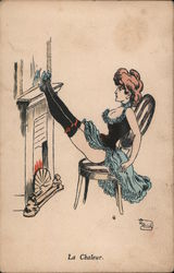 La Chaleur [The Heat] - Woman on Chair In Front of Fireplace Warming her Legs and Posterior Postcard