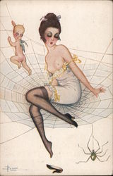 Topless woman seated on spiderweb Postcard