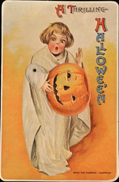 Girl in ghost costume holding a jack-o-lantern (Reproduction)