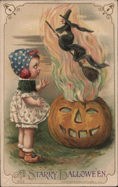 Rare Girl watching witch come out of jack-o-lantern