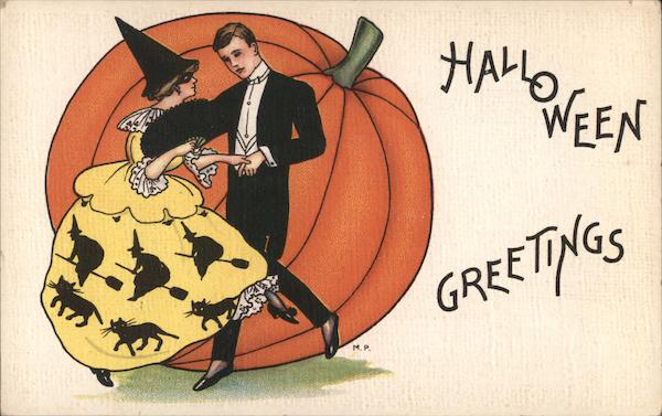 Woman Man Dancing Witches Black Cats Pumpkin Halloween Greetings