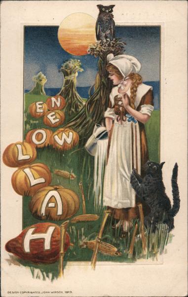 Girl Looking at Pumpkins Spelling Halloween Samuel L. Schmucker