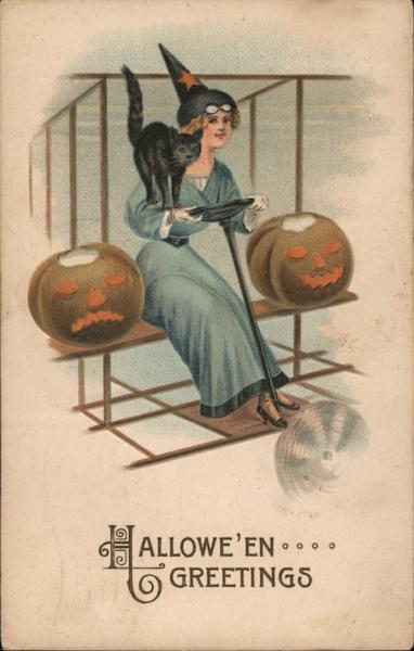 Witch Flying Early Airplane: Hallwe'en Greetings Halloween