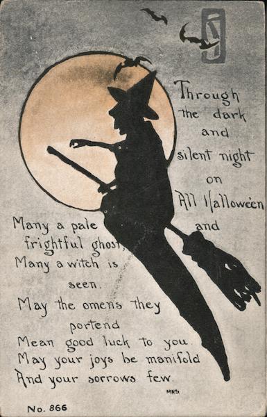 Silhouette of Witch on Broom with Full Moon in the Background