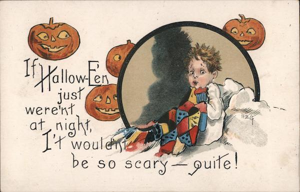 Scared boy under blankets in bed with pumpkins around him and his shadow behind him