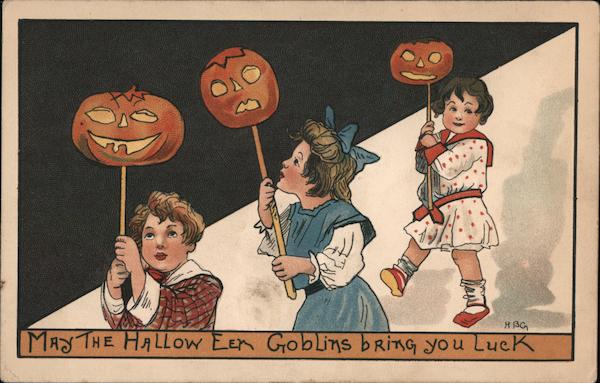 3 children carrying pumpkins on sticks H. B. Griggs (HBG)