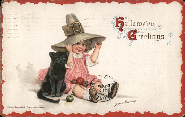 Young girl in pilgrim hat sitting with black cat and apples