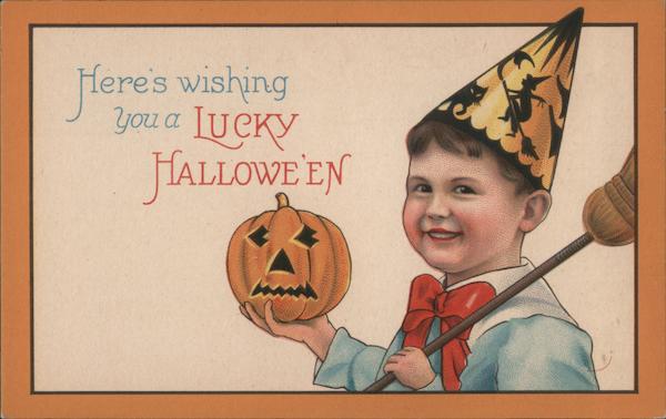 Boy Dressed as Witch with Jack-o-Lantern, Here's Wishing You a Lucky Halloween