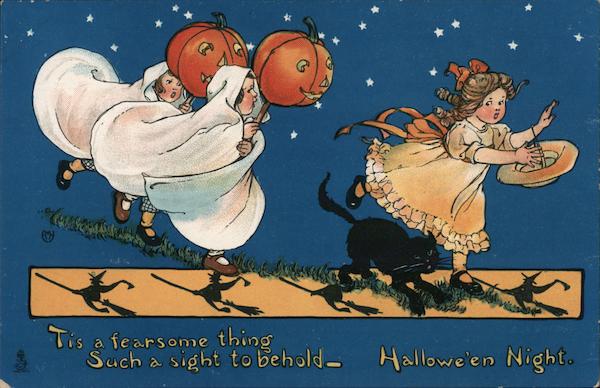 Rare Two Children in Ghost Costumes with Jack-o-Lanterns Chase Third Girl