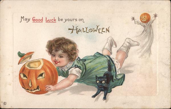 May Good Luck be yours on Halloween. Child with jack-o-lantern, black kitten, and ghost.