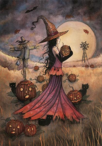 Lady Walks Through Jack-O-Lantern Field, Halloween