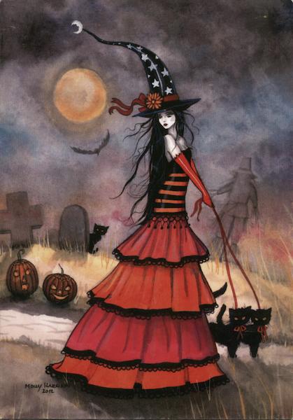 Witch wearing a red dress walking 2 black cats in a graveyard. Full moon, pumpkins, bats