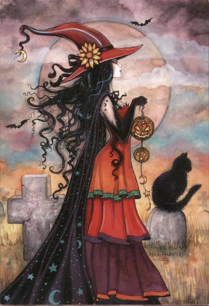 Witch Way - Molly Harrison Halloween Postcards - Beautiful Witch in Cemetery with Black Cat