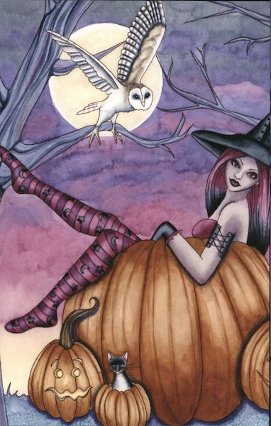 Zoe - Halloween Card - The Fantasy Art of Nikki Burnette - Pretty Witch Lounging In a Pumpkin