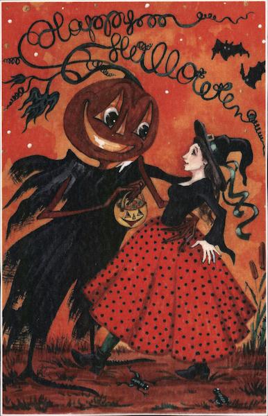 Happy Halloween-A witch and a pumpkin dancing together