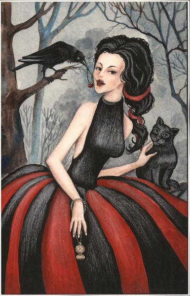 Dark Lady in Black and Red With Black Cat and Crow