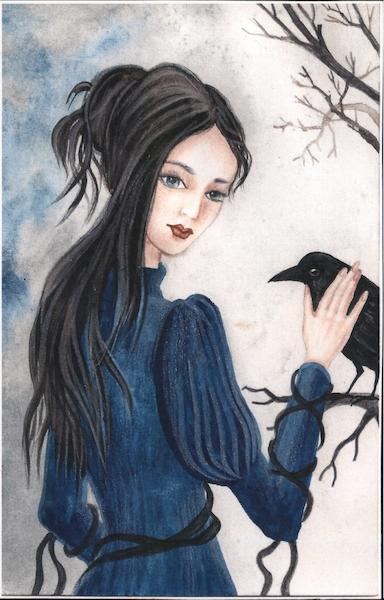Woman in blue dress petting a raven Margaryta Yermolayeva