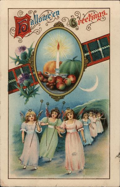 Hallowe'en Greetings. Candle Fruit Girl Angels With Star Wands