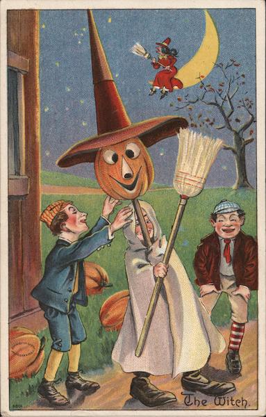 Two Boys Help Third Boy in Costume of Witch with Pumpkin Head, The Witch