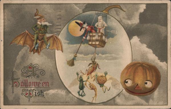 Rare Witch Flying Through Air in Balloon: Hallowe'en Wish