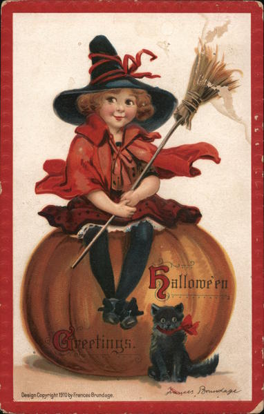 Hallowe'en Greetings-Witch child holding a broomstick sitting on a pumpkin with a black cat.