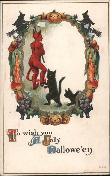 To wish you A Jolly Hallowe'en - Goblin and black cats in ring of Fall symbols