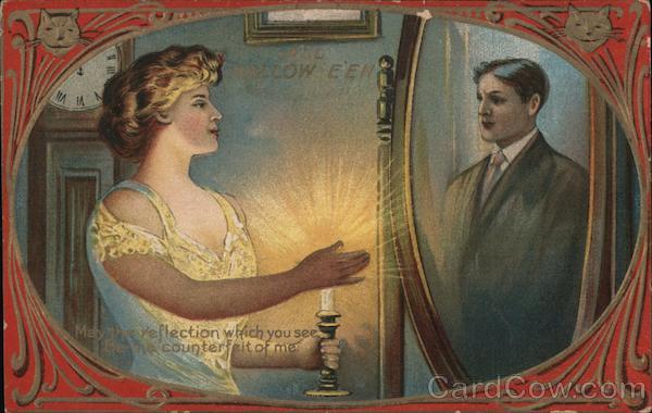 Woman looking into the mirror seeing a man's reflection.