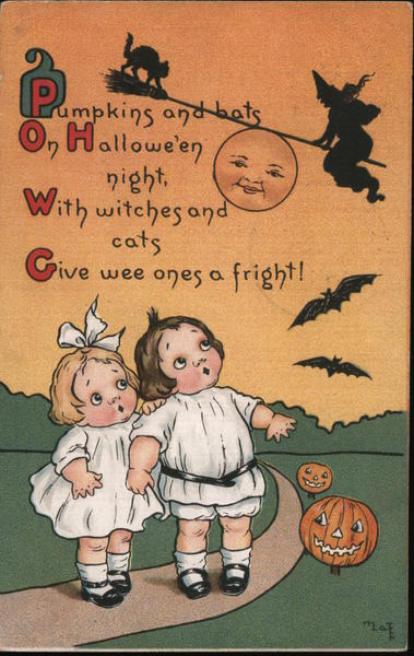Little Boy and Little Girl Walk on Path, Jack-o-Lanterns, Bats, Witch