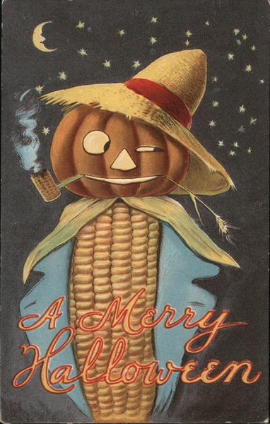Corncob with a pumpkin head smoking a corncob pipe with straw hat on