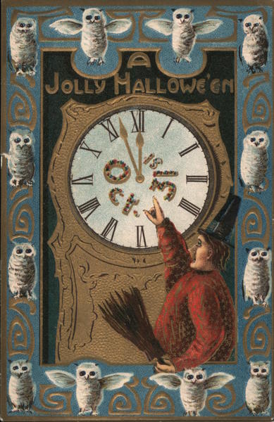 Man holding a broom, pointing at a grandfather clock. Owls all around