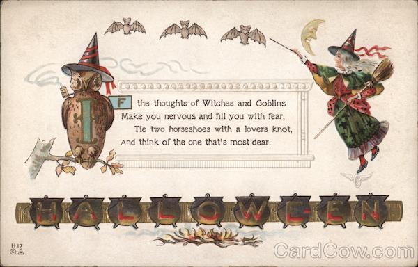 Witch with broomstick. Owl with witches hat. 3 Bats. Crescent moon. Cauldrons.