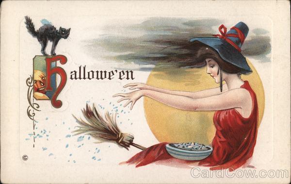 Witch Flies on Broom with Bowl on Lap, Black Cat, Halloween