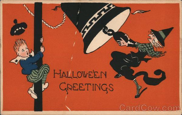 Boy climbing up a pole, witch swinging on bell Halloween