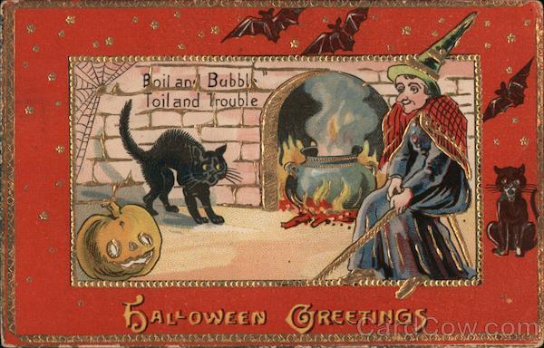 Witch Tending Cauldron on Fire Halloween