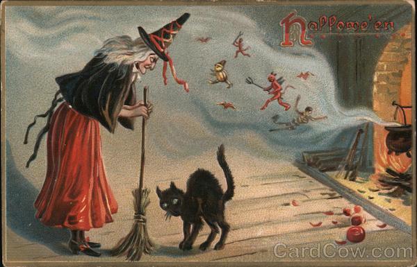 Witch and Black Cat on Hallowe'en Halloween
